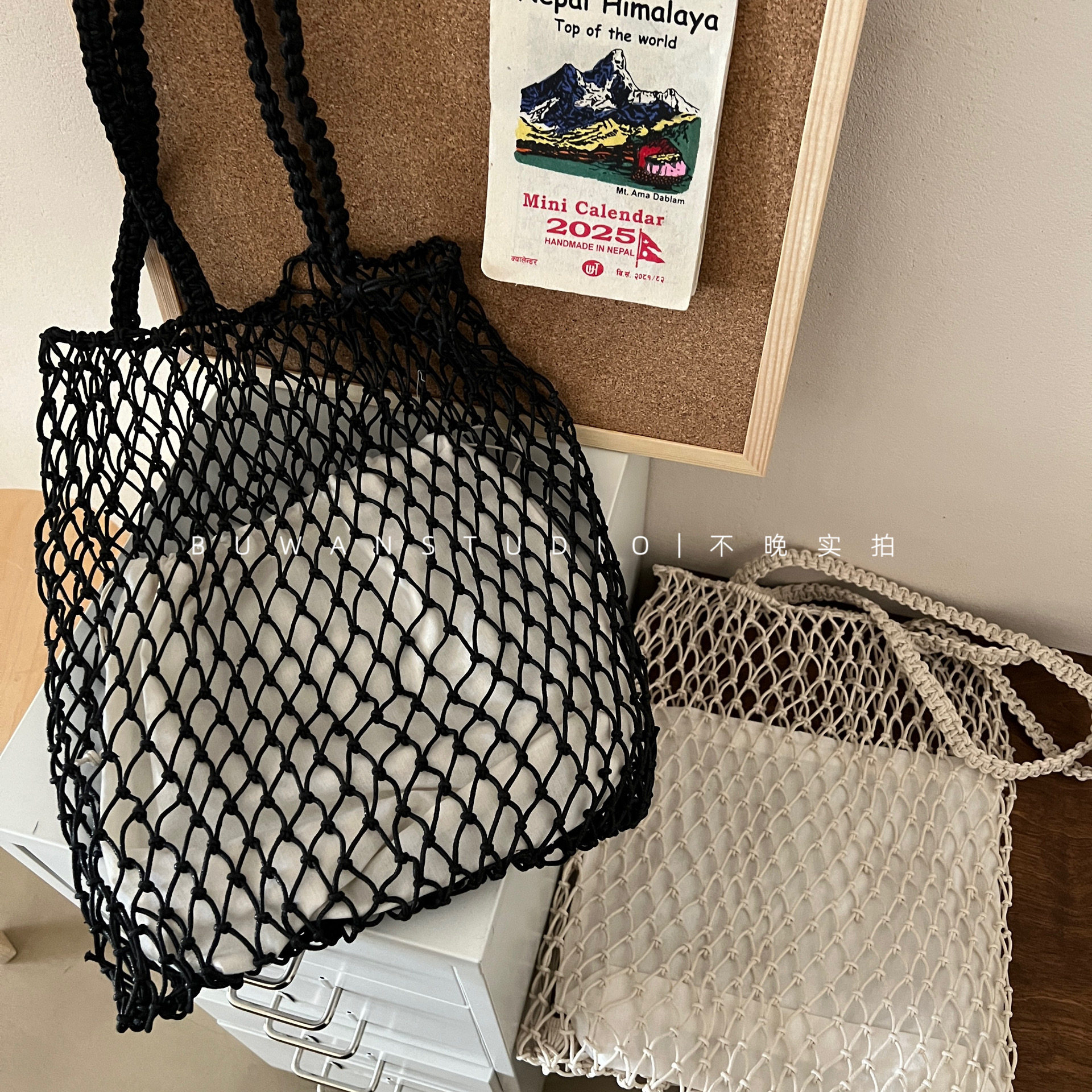 时髦镂空针织网兜手提包度假出片