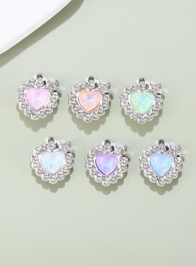 彩色透明爱心挂件配饰心形镶钻吊坠合金配件diy项链手链服饰材料