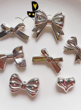新款银色电镀穿孔蝴蝶结饰品配件 diy洞洞鞋发饰手机壳链配饰贴片