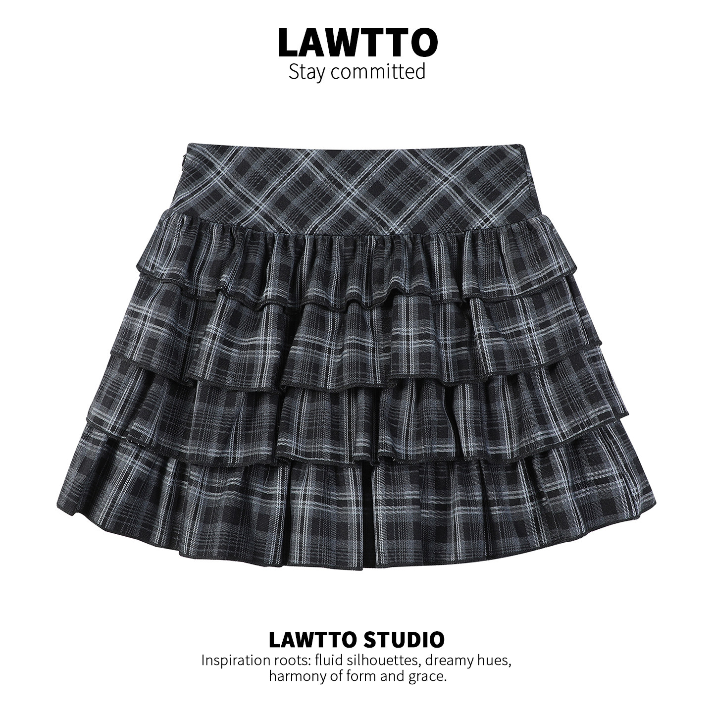 复古格纹半身裙蓬蓬蛋糕A字短裙