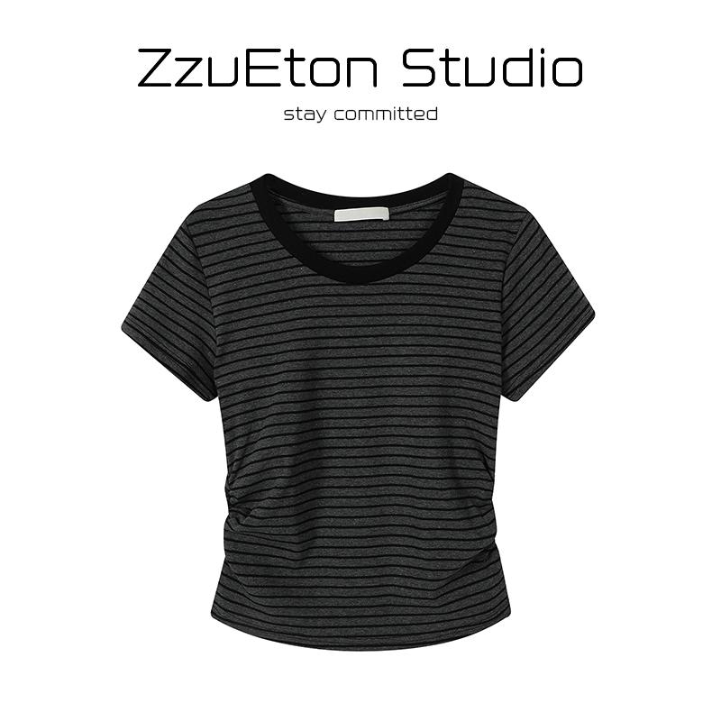 正肩圆领短袖T恤女夏季小个子甜辣妹褶皱收腰显瘦短款条纹上衣女