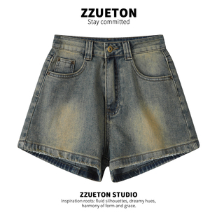 ZZUETON美式复古牛仔短裤女夏季新款设计感做旧弹力显瘦辣妹热裤