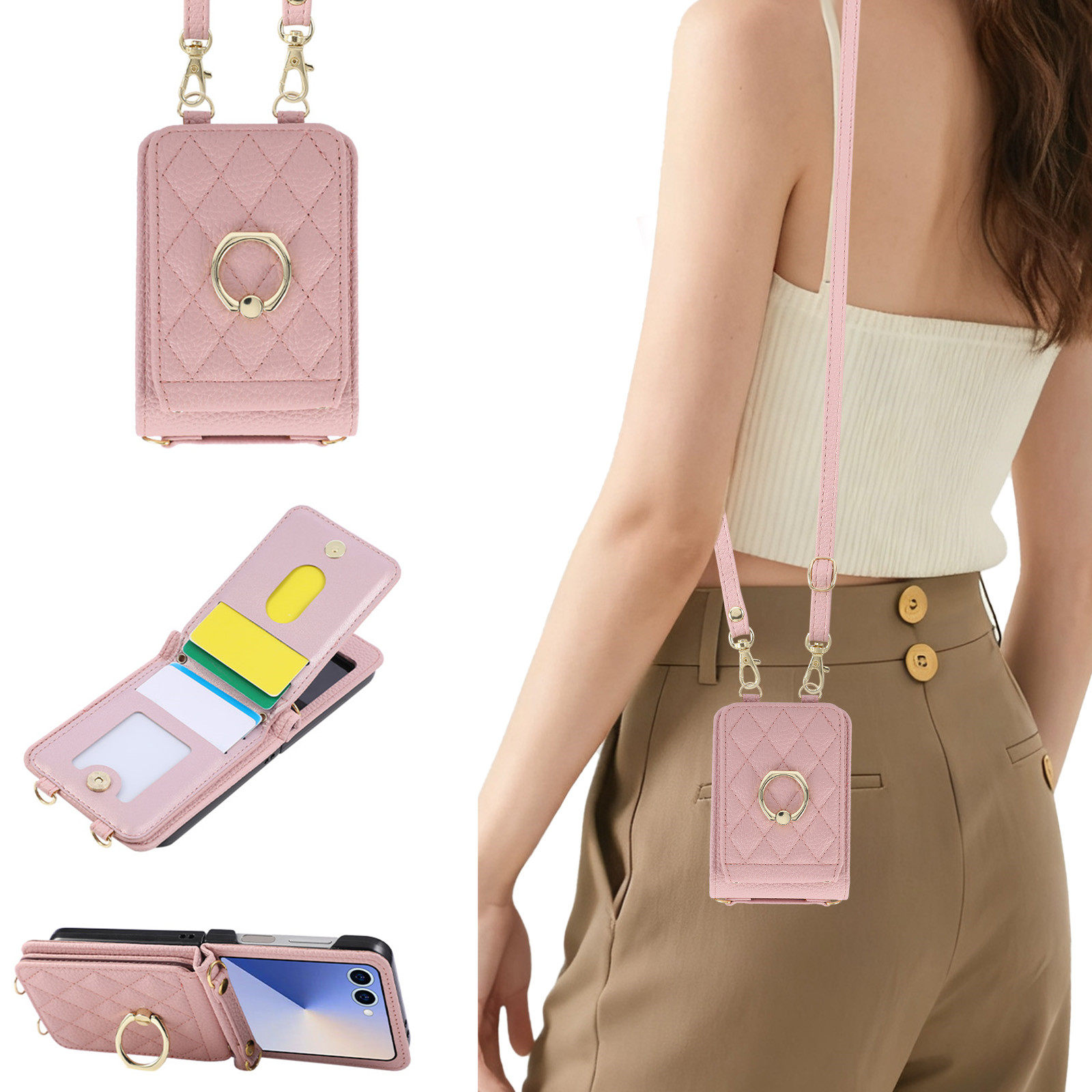 斜挎带挂绳装卡包三星折叠手机壳