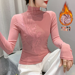 上衣高级感刺绣半高领洋气修身 欧货2023秋季 新款 法式 女 打底衫