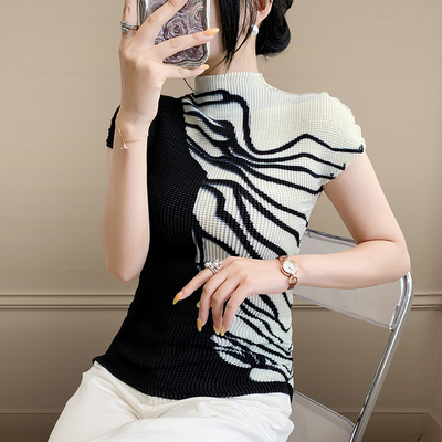 气质3D印花上衣女2025夏季时尚设计感压折修身显瘦短袖T恤