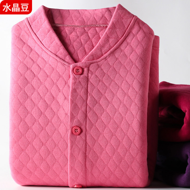 중노년 여성을 위한 가을옷 3겹 누빔 스웨터 두꺼운 상의 노인용 보온 속옷 가디건 순면