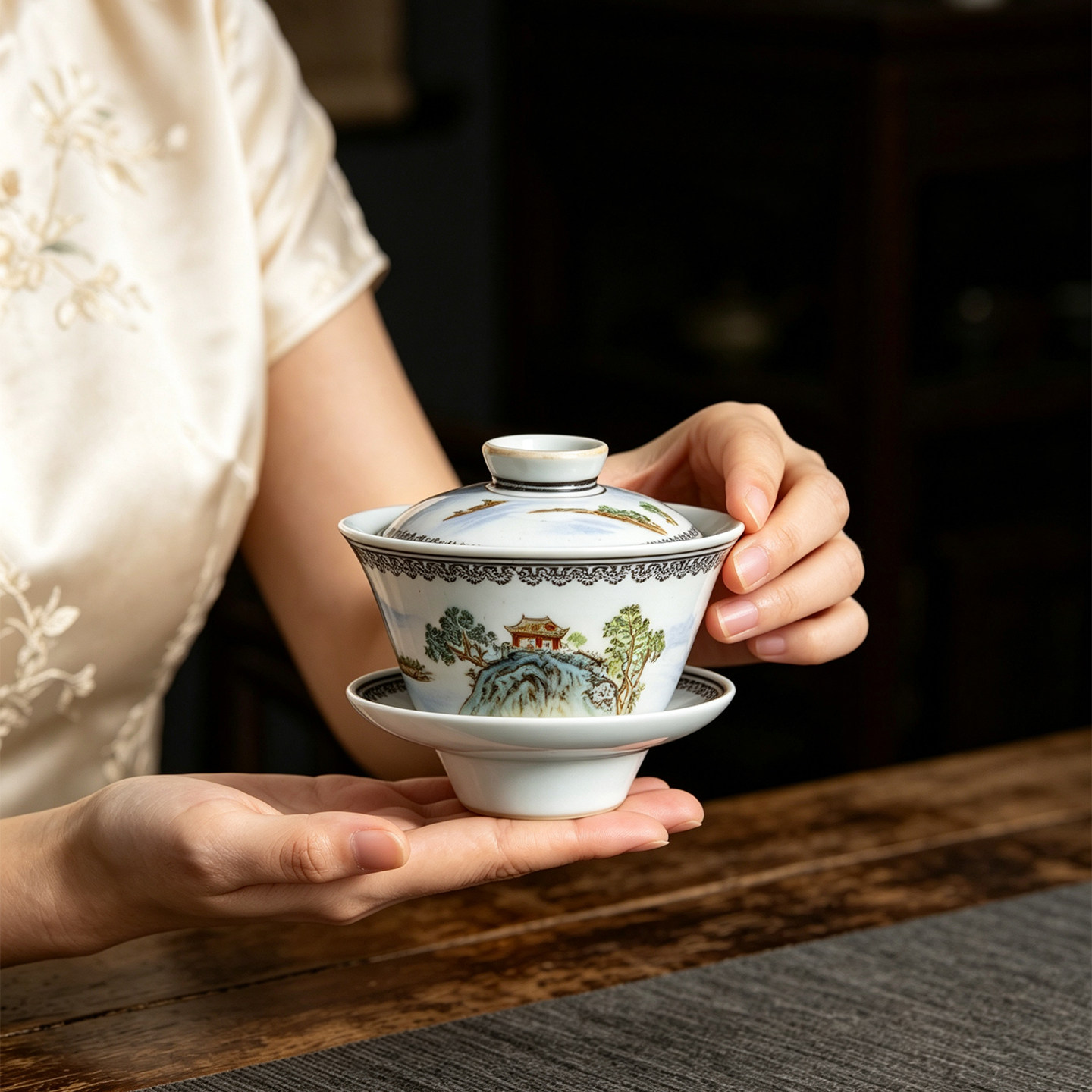 景德镇老厂货瓷器外销创汇瓷器库存瓷器料边手绘山清水秀三才盖碗