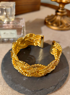 中古复古风港风镀金手镯小众高级编织麻花纹理手镯