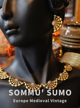 欧美复古做旧轻奢扇形镂空项链生日耳环水晶锆石级感套装耳饰中古