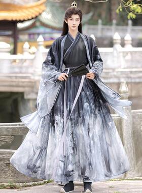 新款魏晋风古装同款情侣套装宋制印花男士汉服墨竹白色日常可穿