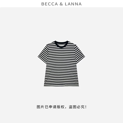 【朵姐臻选】经典极简圆领正肩条纹针织桑蚕丝短袖T恤女装D0317