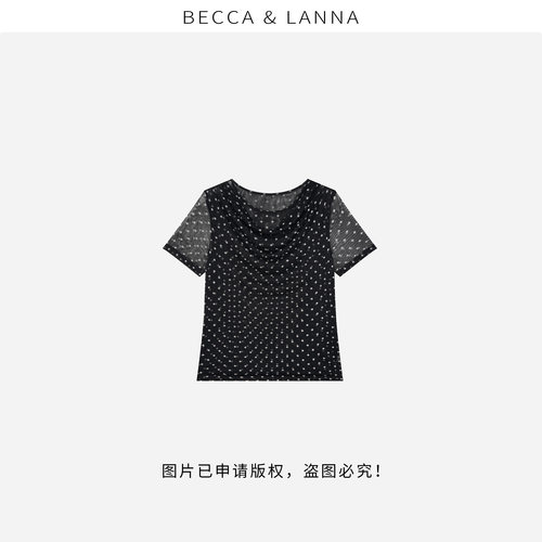【朵姐臻选】满天星D0317女士针织桑蚕丝网纱黑白波点荡领上衣