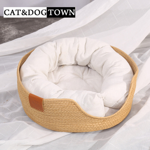 日本猫窝冬季保暖四季通用狗窝藤编深度睡眠编织床垫宠物蒲草猫筐