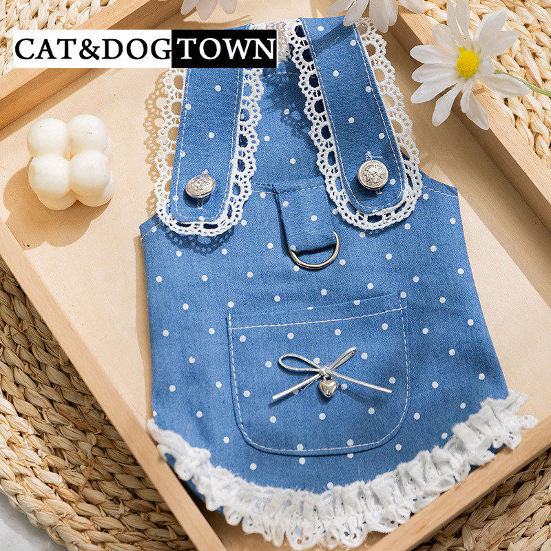 日本夏季薄款狗狗衣服可牵引波点牛仔连衣裙猫咪裙子博美宠物服装