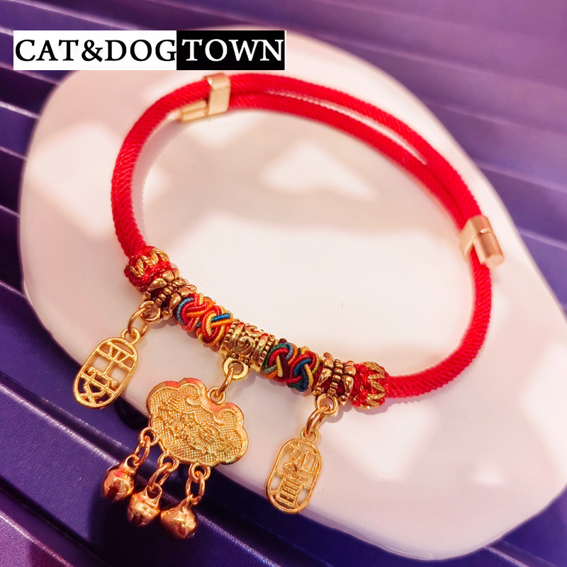 日本宠物项圈招财红绳长命锁猫咪手工编织小型犬饰品挂饰项链脖圈