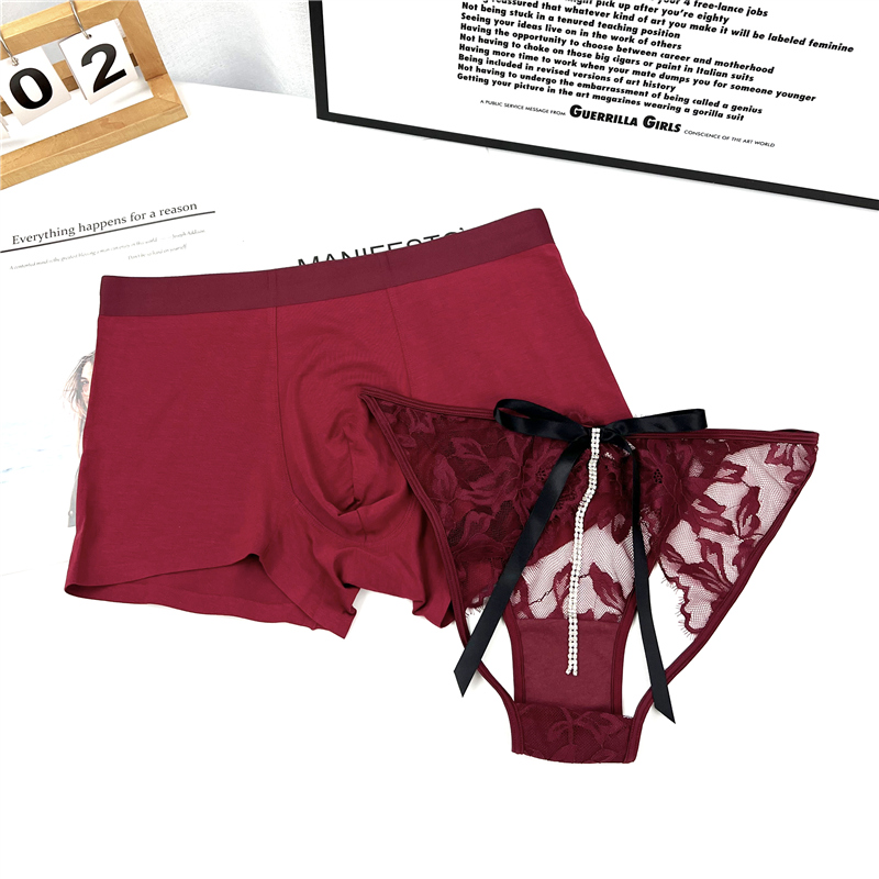 情侣内裤~新年红色蕾丝性感纯欲镂空系带男女夫妻纯棉舒适平角裤