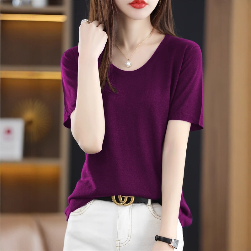 U领漏锁骨正肩冰丝短袖针织衫女夏季简约宽松打底衫短款紫色上衣