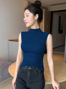半高领针织背心女夏外穿2026新款内搭打底衫无袖紧身蓝色吊带上衣