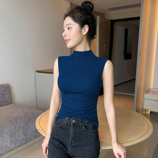 半高领针织背心女夏外穿2026新款内搭打底衫无袖紧身蓝色吊带上衣