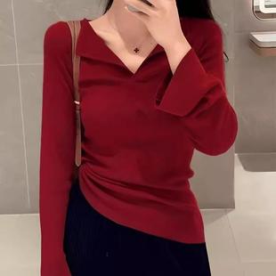 法式安哥拉红女羊毛内搭修身气质显瘦设计感V领2025秋季针织长袖