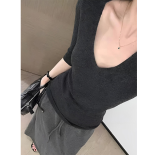 深灰色V领针织衫女薄款春秋季韩系性感五分袖打底衫修身中袖上衣