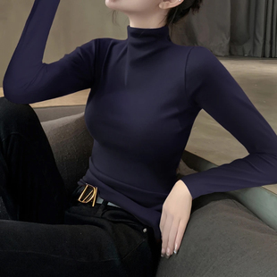 2025新款早秋黑色半高领长袖设计感修身打底衫针织内搭薄款上衣女