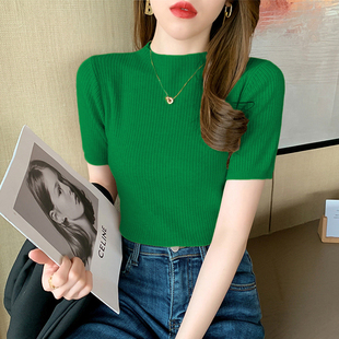 冰丝针织上衣内搭打底衫 半高领T恤洋气2026春夏季 女修身 绿色短袖