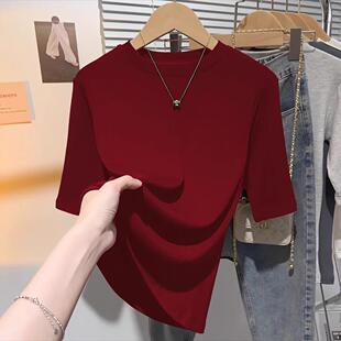 2025春秋安哥拉红打底衫修身中袖上衣半袖T恤新款五分袖简约上衣
