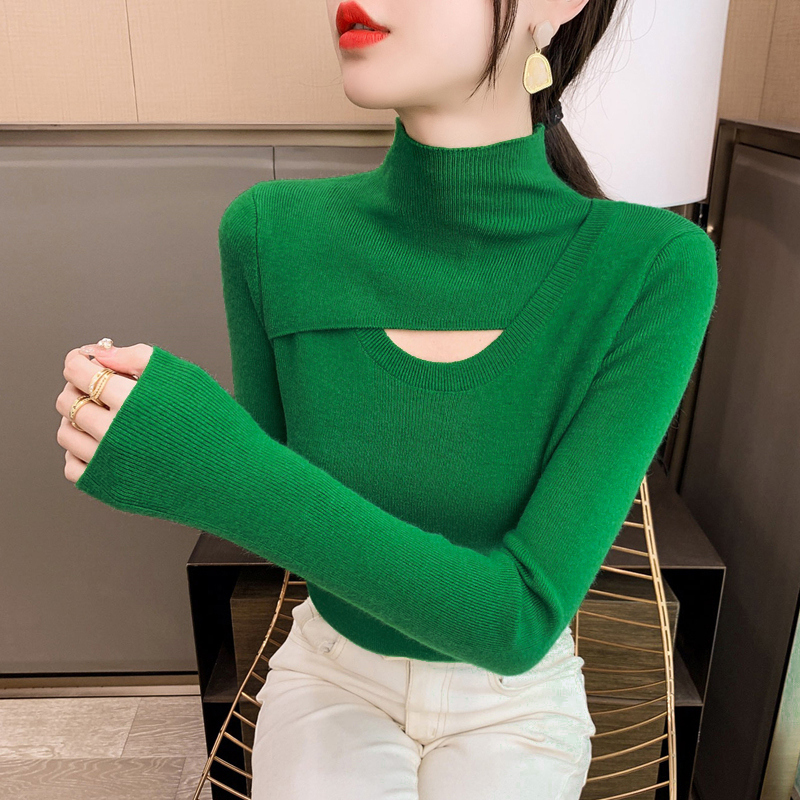 半高领镂空打底衫女秋冬内搭绿色毛衣洋气2025新款修身羊绒针织衫
