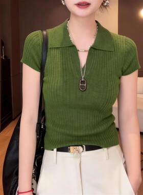 坑条翻领针织短袖t恤女2026春秋新款牛油果绿设计感气质显瘦上衣