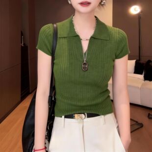 坑条翻领针织短袖t恤女2026春秋新款牛油果绿设计感气质显瘦上衣