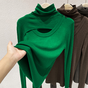 高领羊毛镂空针织衫女2025秋冬新款内搭毛衣心机打底衫设计感上衣