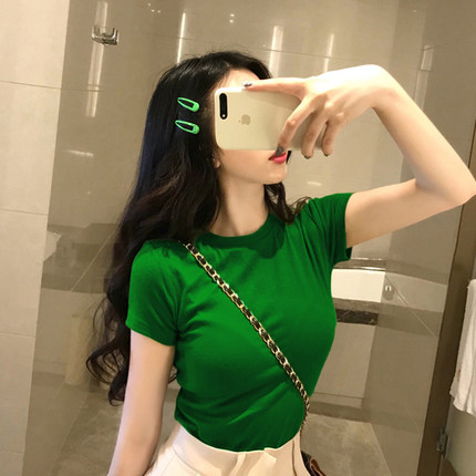 绿色t恤女短袖冰丝针织上衣2025新款夏韩版修身ins短款半袖打底衫