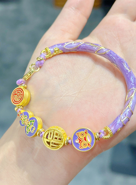 【远山紫】古法景泰蓝彩绘醒狮葫芦半镯手串 3001