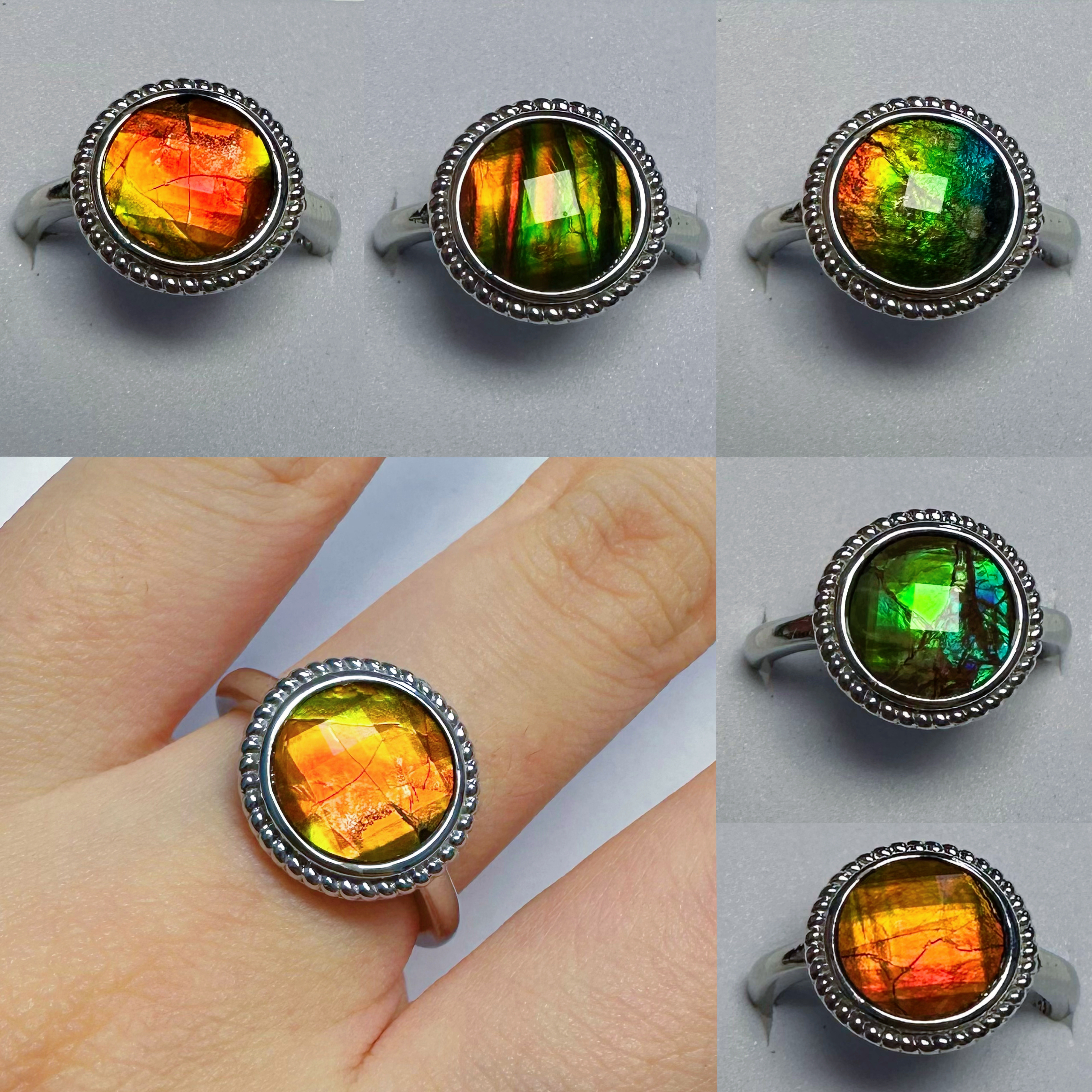 铜镀银戒指天然加拿大10mm斑彩石