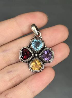 复古四叶草925银镶宝石吊坠