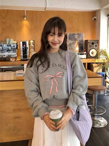 韩国东大门25年春季新款时尚百搭蝴蝶结印花宽松短袖T恤女a155