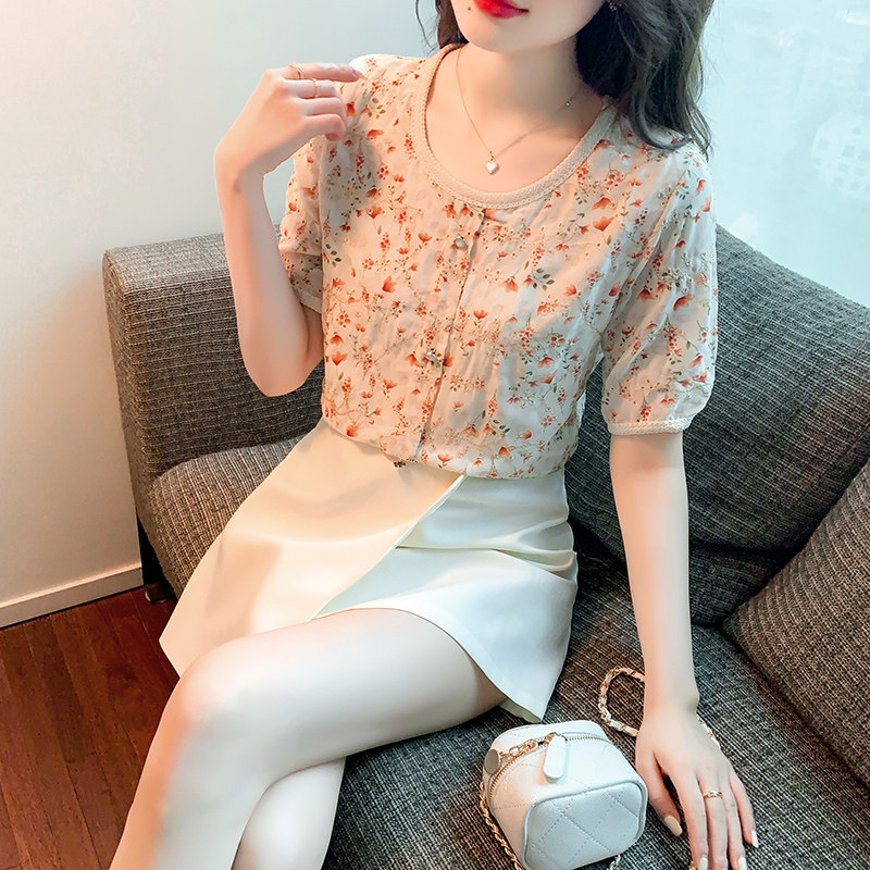 2023韩版印花雪纺衬衫女短袖提花刺绣气质款百搭时尚上衣女雪纺衫