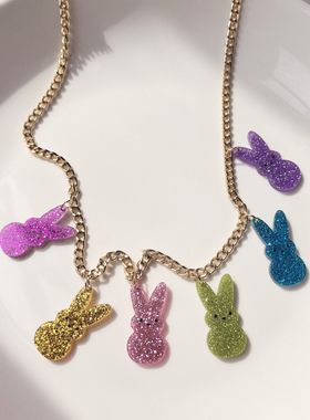 P可爱甜美彩色小兔子金粉亚克力木制吊坠项链