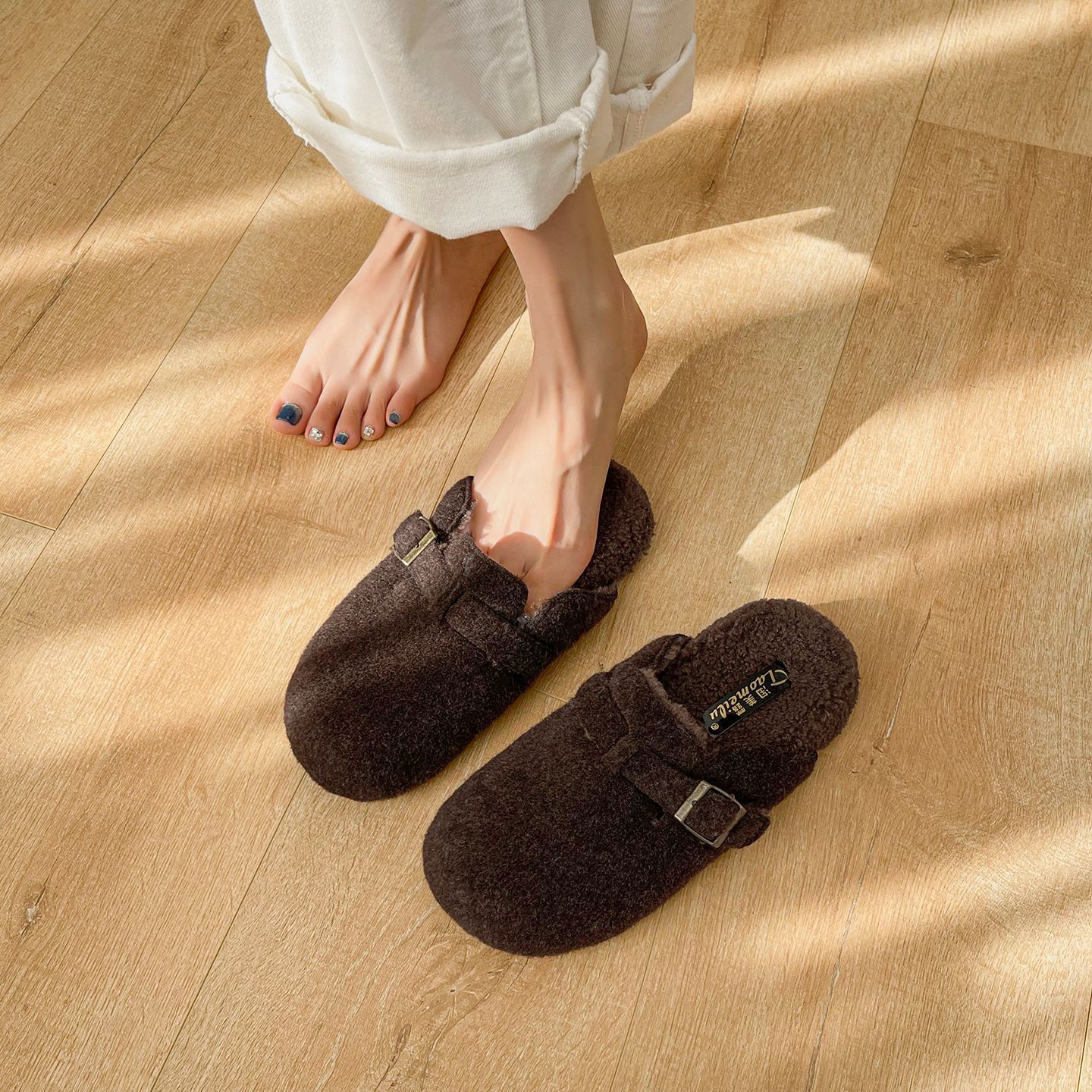2025新款乐福鞋丝绒保暖厚底毛毛拖鞋勃肯单鞋女包头半拖鞋女大码