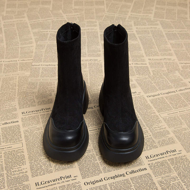 真皮粗跟高跟短靴子女2026秋冬新款黑色厚底瘦瘦靴百搭韩系马丁靴