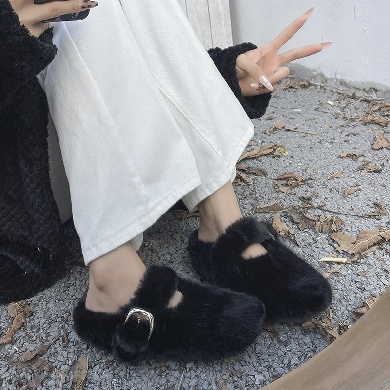 葡萄妈水貂绒毛毛鞋女2026秋冬新款仙女风配裙子气质休闲加绒棉拖