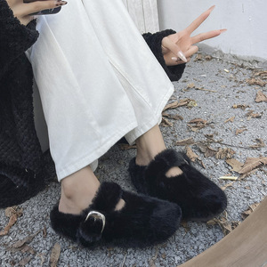 葡萄妈水貂绒毛毛鞋女2026秋冬新款仙女风配裙子气质休闲加绒棉拖