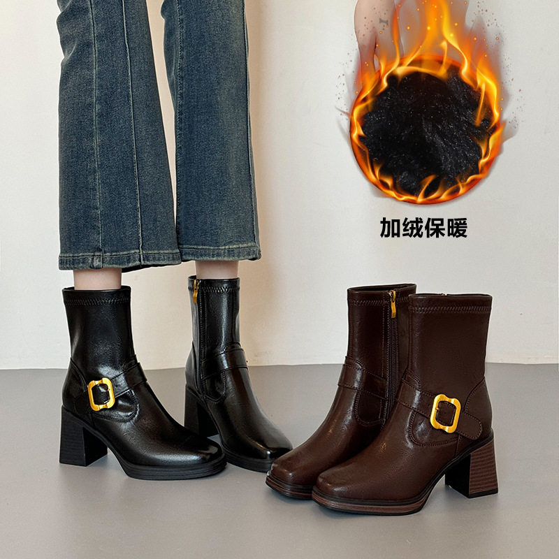 软皮底复古风高跟方头短靴软皮防水台粗跟靴~7厘米增高瘦瘦靴气质