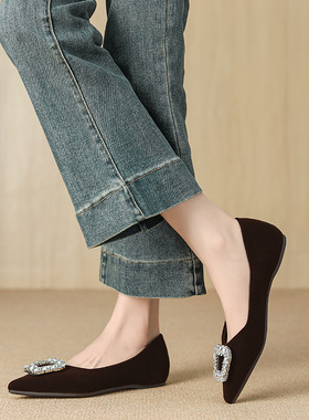 法式气质水钻黑色尖头平底鞋女2025新款浅口工作职业不累脚单鞋