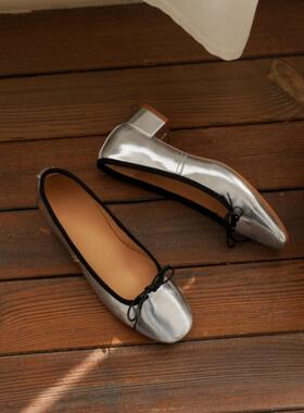 Weslien Rowe经典法式小单鞋小圆头粗跟蝴蝶结羊皮浅口玛丽珍单鞋