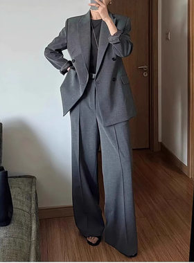 高级感西装外套大码女装2026新款胖MM灰色直筒裤职业宽松西服套装