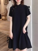 新中式 宽松显瘦小黑裙子 黑色连衣裙女胖mm赫本风气质改良旗袍大码