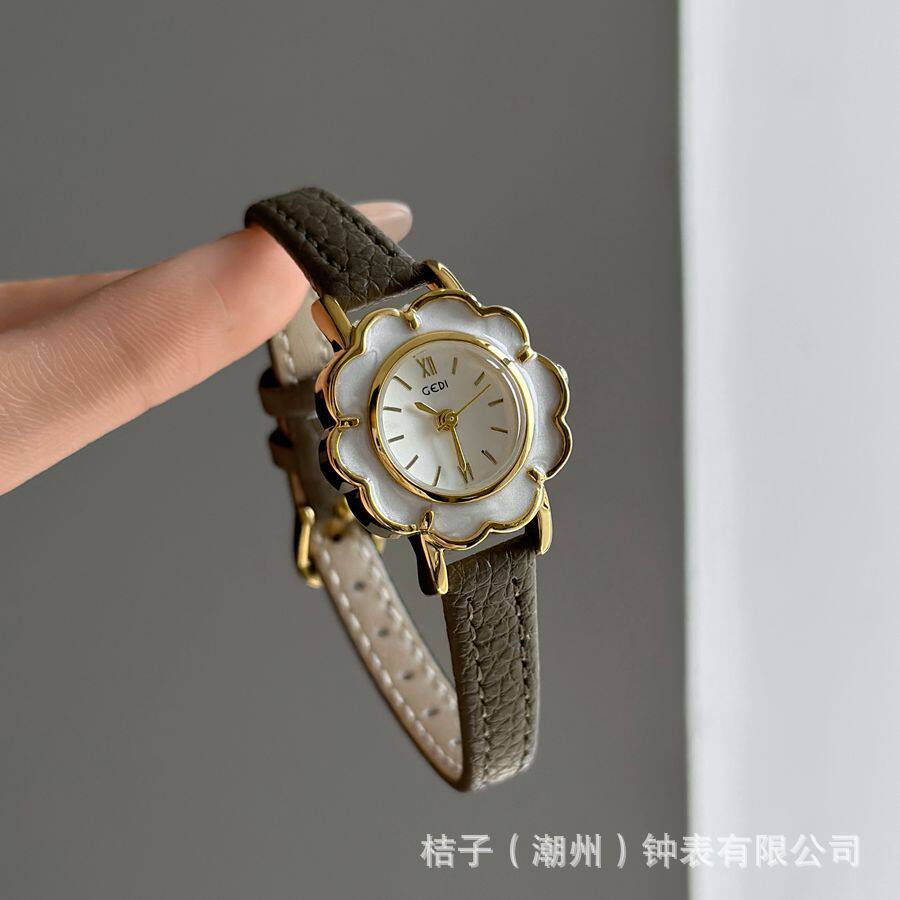 歌迪山茶花皮带手表学生立体花朵女生清新田园风简约石英表61043
