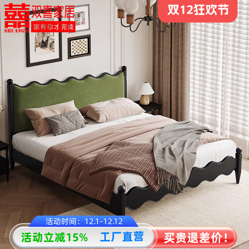 中古复古床1米85大床小户型双人法式黑色主卧北欧白蜡木全实木床